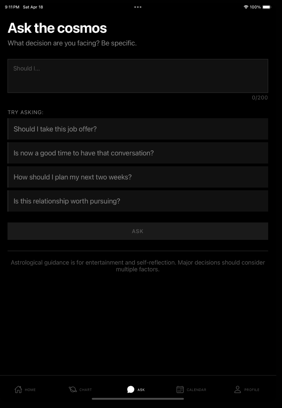 Ask The Cosmos input screen