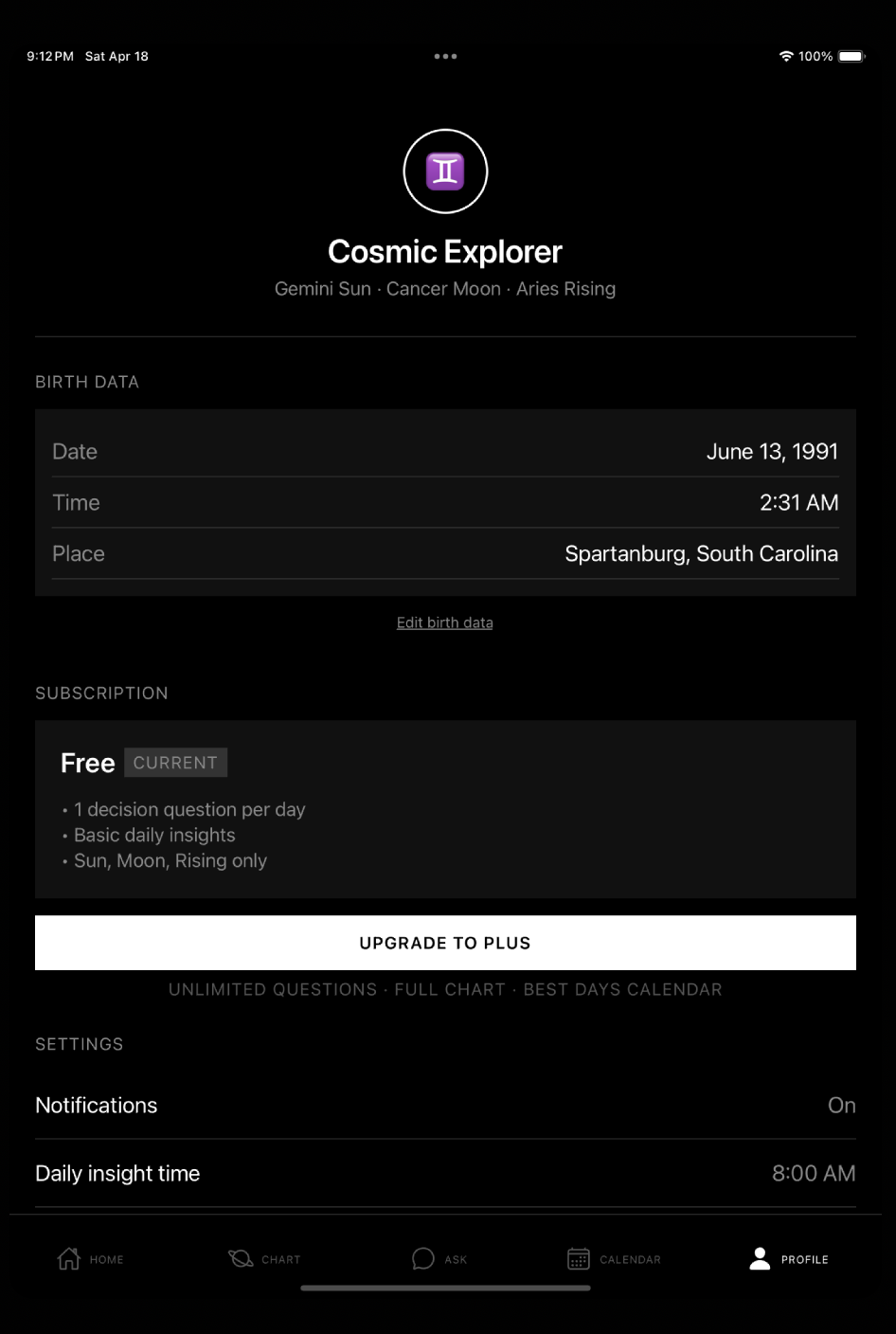 Cosmic Solo profile screen