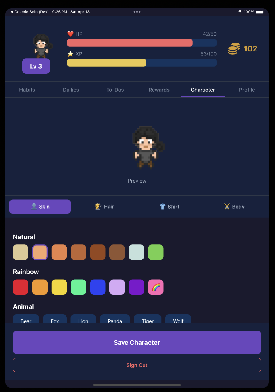 Life In Character avatar screen