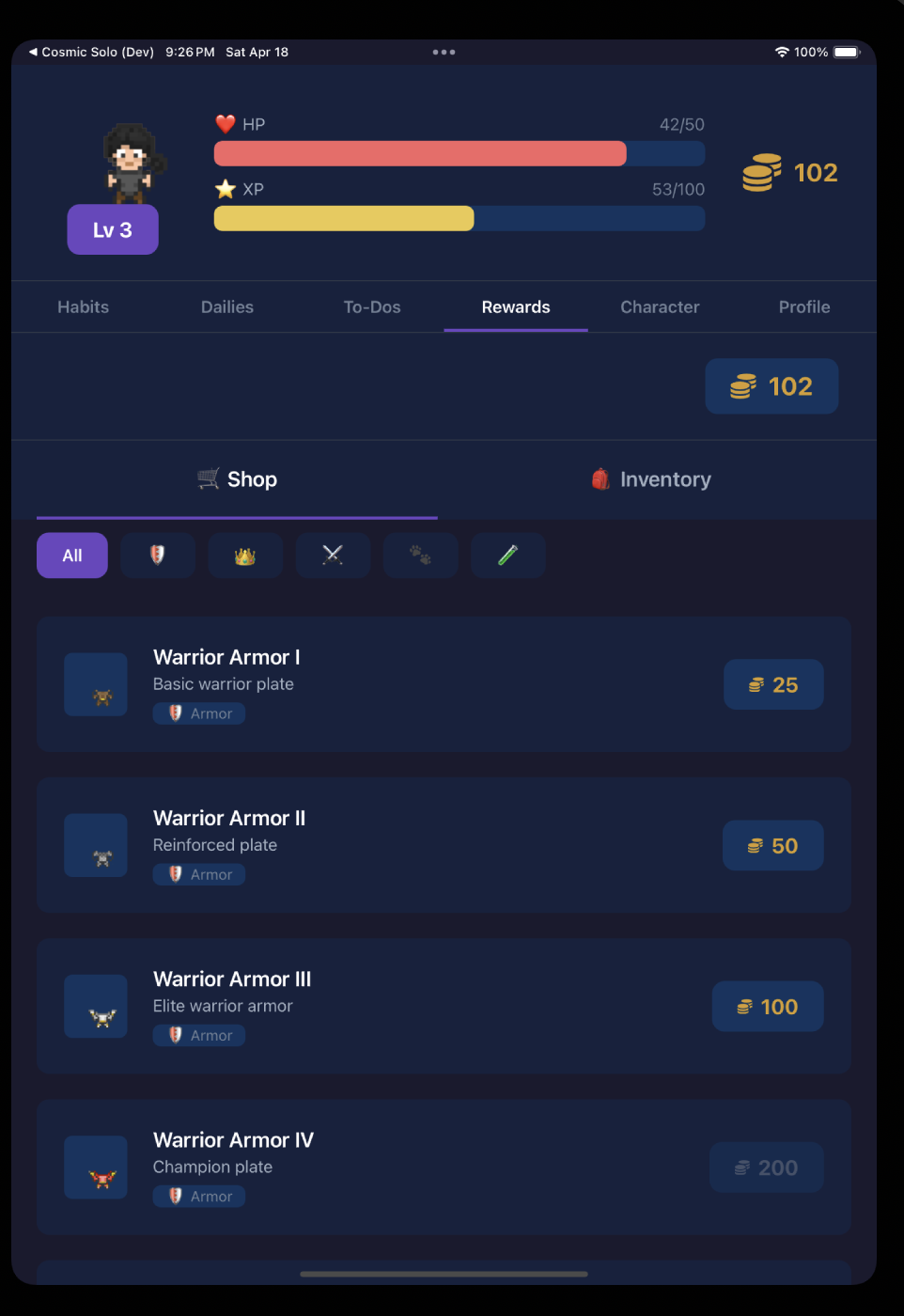 Rewards shop screen
